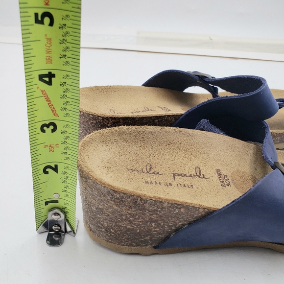 Mila Paoli Women 9.5 Cork Wedge Leather Sandals Blue Toe Wrap Braid Buckle Strap - Picture 10 of 11